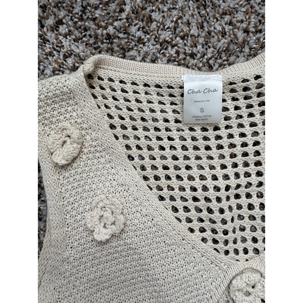 NEW Cha Cha Crochet Two Piece Set Small Cream Floral Applique Boho Scallop Hem - Picture 3 of 6